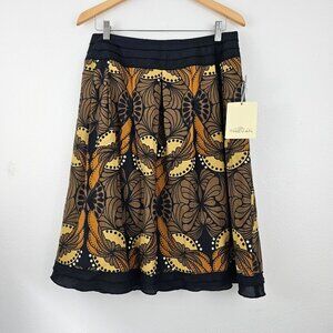 Women's Brown/Yellow/Blk Silk Graphic/Tribal Patterned Midi Skirt NWT